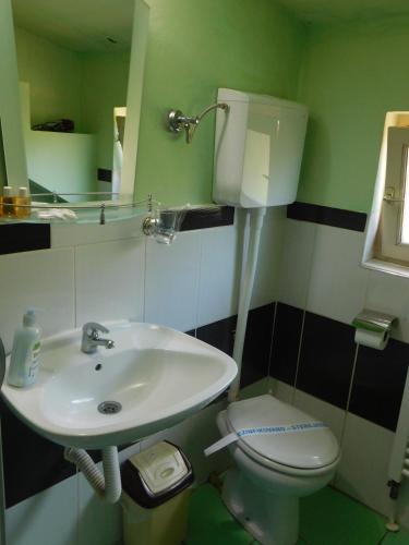 a bathroom with a white toilet and a sink at Villa Anna in Palić