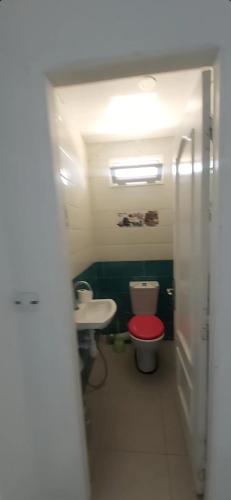 a bathroom with a red toilet and a sink at Residence balnéaire TADHRIHTH in Irhil Khelil