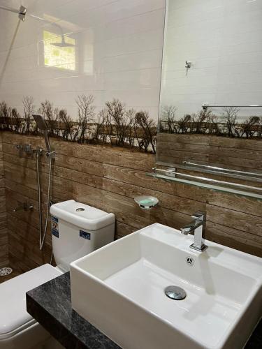 ein Badezimmer mit Waschbecken, Toilette und Spiegel in der Unterkunft soha bungalow-escape the city in Kurunegala