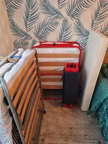 a room with a bed and a suitcase on a wall at au carnassier du der in Arrigny