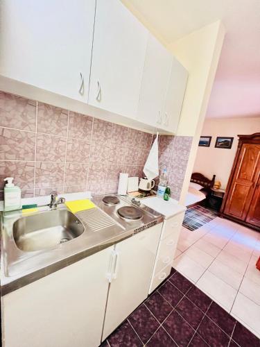 a kitchen with white cabinets and a sink at Villa Dionis in Budva