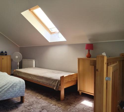 a bedroom with a bed and a skylight at Apartament na Frezjowej in Gdańsk