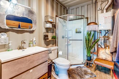 a bathroom with a toilet and a shower at Fallbrook Airplane Home with Fire Pit and Mtn Views! in Temecula