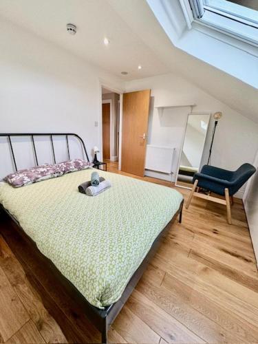 ein Schlafzimmer mit einem Bett und einem blauen Stuhl in der Unterkunft Lovely flat in Brockley, SE4 in London