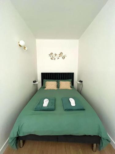 une petite chambre avec un lit vert avec deux souris dessus dans l'établissement Appartement COSY Gare Chateaucreux, à Saint-Étienne