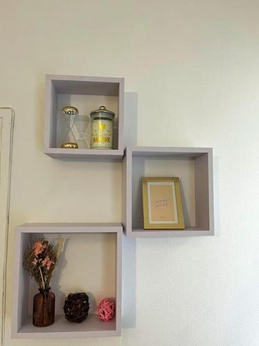 Une étagère sur un mur avec quelques articles dans l'établissement Appartement COSY Gare Chateaucreux, à Saint-Étienne