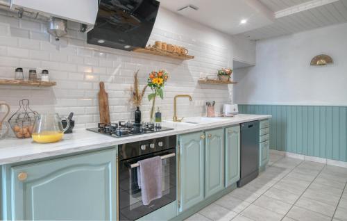 a kitchen with blue cabinets and a sink at «Coeur de vie » logement hyper centre de Bagnères de Bigorre in Bagnères-de-Bigorre