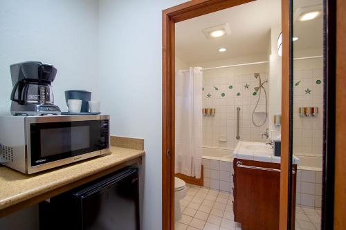 a bathroom with a microwave on a counter with a sink at Edgewater Beach Inn in Santa Cruz