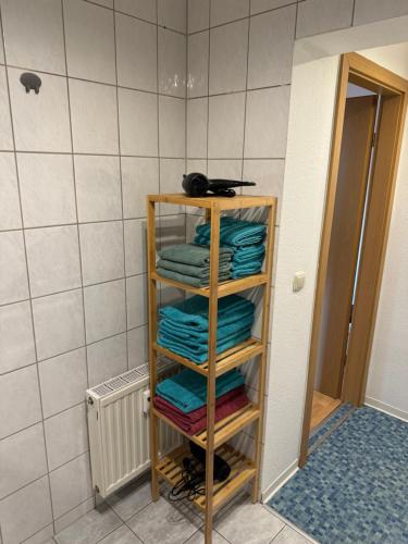 un portasciugamani con asciugamani pieghevoli in bagno di Ferienwohnungen Augustusburger Straße 149 a Chemnitz