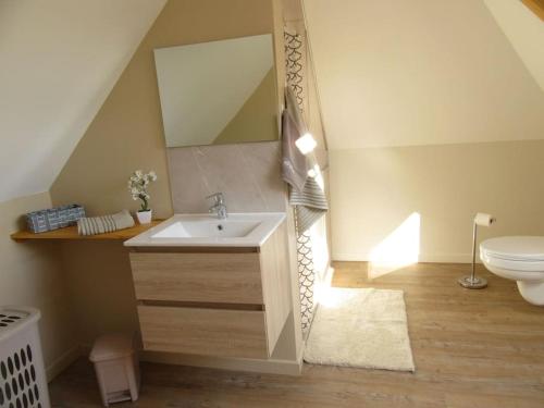 une salle de bain avec un lavabo et des toilettes dans l'établissement Gîte de la chouette, à Hattenville