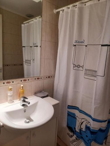 ein Badezimmer mit Waschbecken und Duschvorhang in der Unterkunft Sunset & Seaview at Tala Avli in Tala