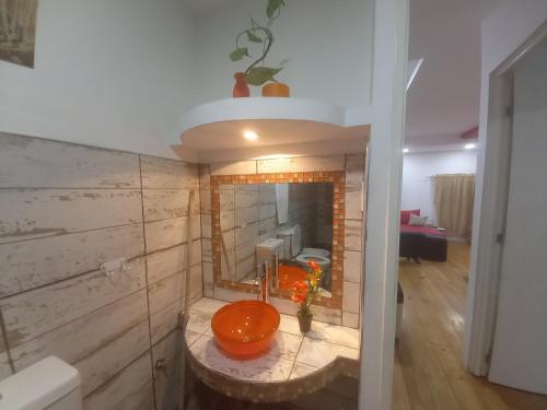 a bathroom with a orange sink and a mirror at luz Jujuy in San Salvador de Jujuy