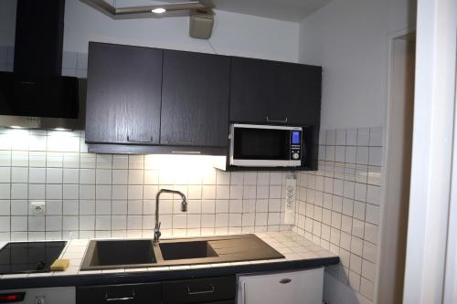 una cocina con fregadero y microondas en 201, Les Ambassadeurs, en La Bourboule