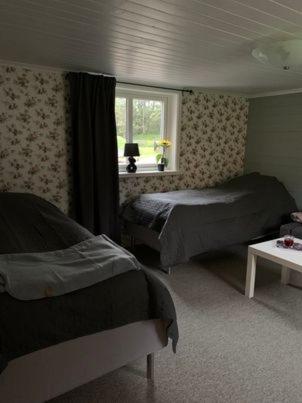 a bedroom with two beds and a window at Lill-Stugan på Store Hage in Kareby