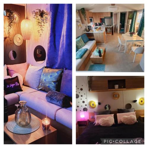 un collage de trois photos d'un salon dans l'établissement Le Lagon Rose nice bungalow Camping SIBLU le Mar Estang Canet-en-Roussillon, 2 rooms, 2 bathrooms, 2 TV, free WIFI, sheets & towels included, beach at 5 mn walk, à Canet
