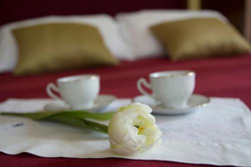 a white rose on a table with two cups on a bed at B&B Casa Carla in Pinerolo