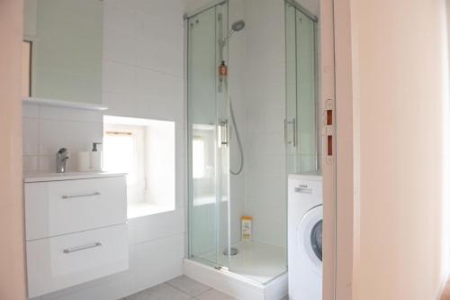 a bathroom with a shower and a washing machine at Immeuble de 3 appartements avec cour intérieure in Brest