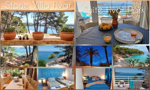 a collage of pictures of some villa river and the ocean at Suite Hvar Park Beach Villa, Hvar Ana Nikola Villas in Jelsa