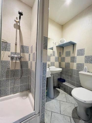 une salle de bain avec une douche, des toilettes et un lavabo dans l'établissement Jolie petite maison en duplex, à Gravelines
