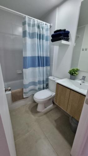 une salle de bain avec toilettes et rideau de douche dans l'établissement Departamento 2H 1B en Punta Puyai, à Papudo
