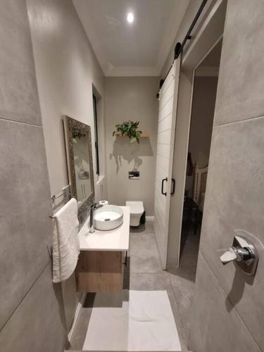 a bathroom with a sink and a mirror at Silver Views Guest Suite - No loadshedding! in Pretoria