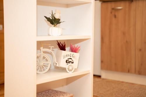 a book shelf with a white carriage and flowers at Eka's Village in Plav