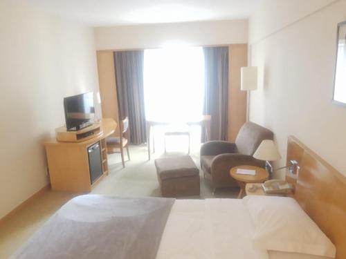 a hotel room with a bed and a couch and a tv at Hotel Alphaville Apto 909 in Barueri
