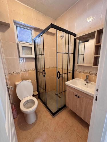 a bathroom with a shower and a toilet and a sink at Wonderful Sunset 1 in Bodrum City