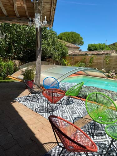 un groupe de chaises assises à côté d'une piscine dans l'établissement COUNTRY HOUSE La VILLAE, à Sieurac