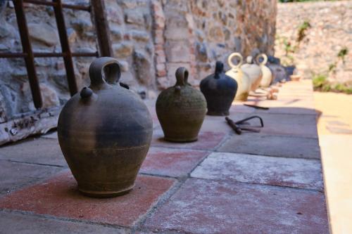 a group of vases lined up on a sidewalk at Hotel Molí Cardedeu in Cardedeu