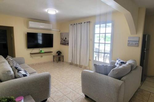 a living room with two couches and a flat screen tv at Stargaze Comfort Under the Stars & Arcade Room in Aguadilla