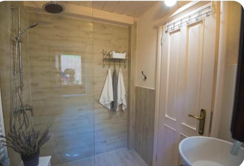 a bathroom with a shower and a sink at Kuća za odmor Brigitaa in Jezera