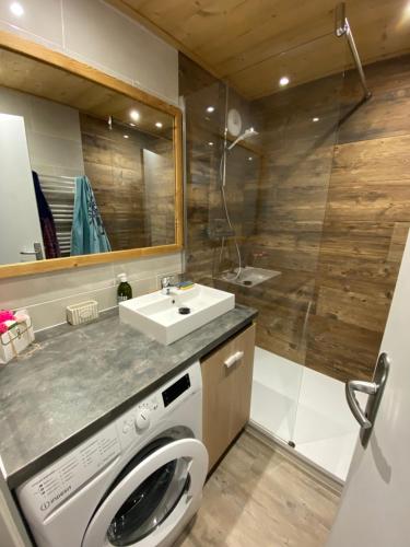 une salle de bain avec une machine à laver et un lavabo dans l'établissement Appartement pied des pistes, à Taninges