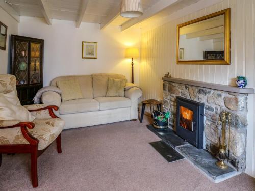 a living room with a couch and a fireplace at Panteg Cottage, Newport in Newport Pembrokeshire