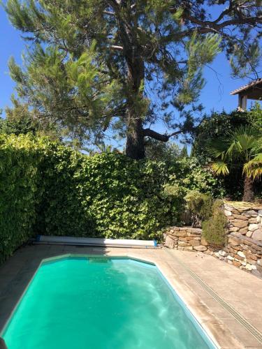 - une piscine dans une cour avec un arbre dans l'établissement T3 Rez de Jardin,Piscine Privée, à Saint-Cyr-sur-Mer