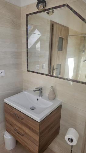 a bathroom with a sink and a mirror at Apartmány Súľov 183 in Súľov