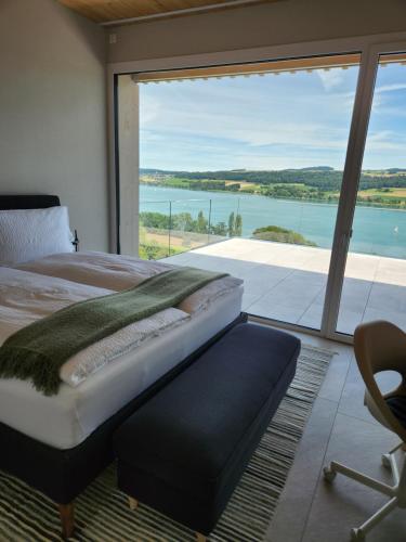 a bedroom with a bed and a large window at Lakeview Guest Rooms with huge rooftop terrace in Beinwil
