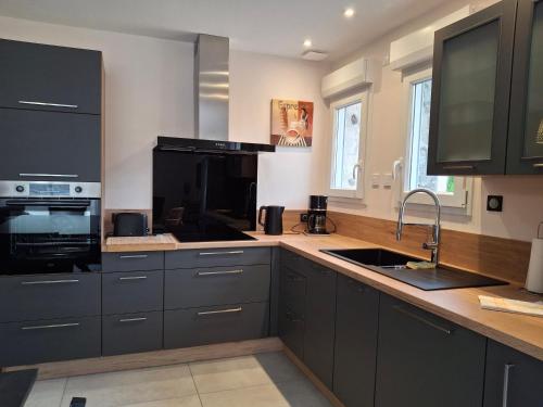 a kitchen with black cabinets and a black appliances at Gite du Clos de Givrais in Jarnioux