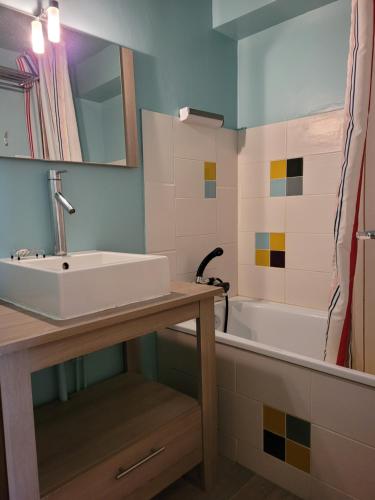 a bathroom with a sink and a bath tub at LE LIORAN appartement vue face à la montagne au pied des pistes in Laveissière