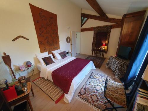 a bedroom with a large bed and a television at Le Clos Ste Anne in Bizanet