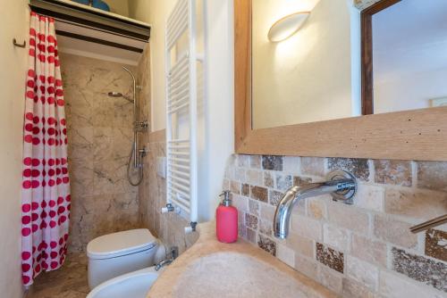 une salle de bain avec un lavabo, des toilettes et un miroir dans l'établissement Appartamento nel cuore di Volterra, à Volterra