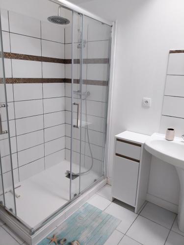 une salle de bain avec douche et lavabo dans l'établissement Maison proche de la Mer, à Barneville-Carteret