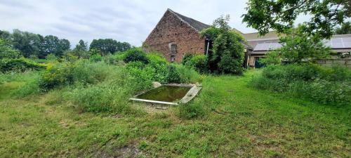 an old house with a pond in the middle of a field at Ferienhaus Luna in Drahnsdorf