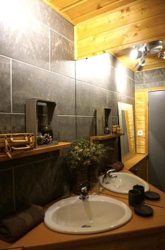 une salle de bain avec un lavabo et un miroir dans l'établissement Appartement cosy, aux Estables