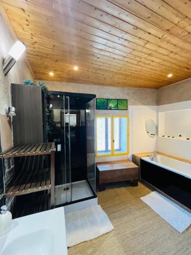 La salle de bains est pourvue d'une douche et d'un banc. dans l'établissement Maison de village, jacuzzi, salle cinéma, à Valencin