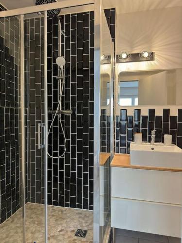 une salle de bain avec une douche avec un lavabo et une douche dans l'établissement Luxurious and Stylish Studio Between Disney & Paris, à Champs-sur-Marne
