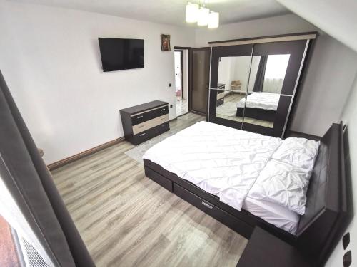 a bedroom with a bed and a mirror at Pensiunea Fira in Baia de Fier