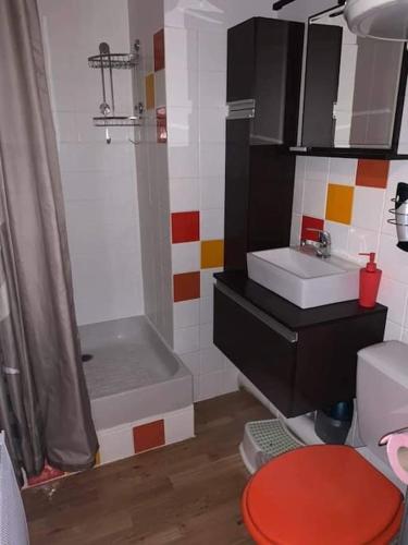 une petite salle de bain avec un lavabo et des toilettes dans l'établissement L'étoile des neiges Studio confort pour 4 personnes, à Montclar