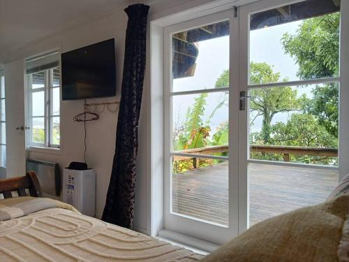 Schlafzimmer mit einem Fenster mit Blick auf eine Terrasse in der Unterkunft The Harbour Masters Cottage in Tairua