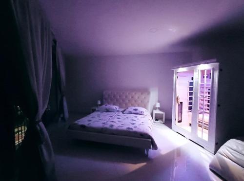 a purple room with a bed and a window at VILA MOLET KOPER in Koper